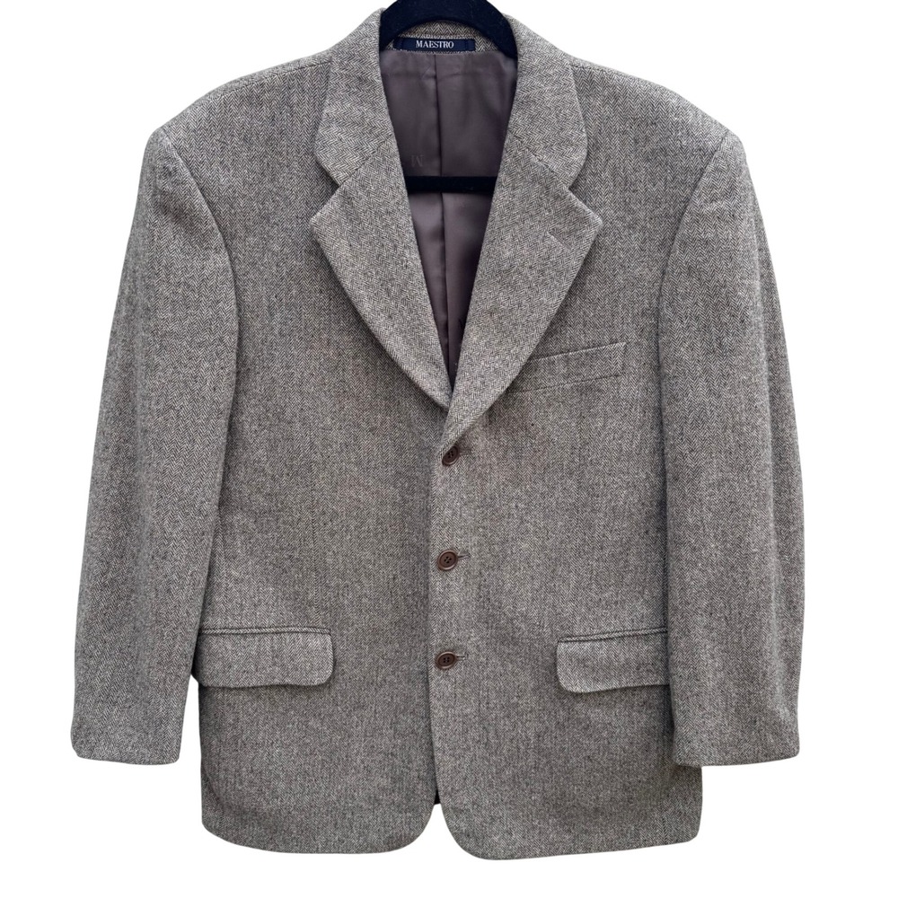 Maestro‎ LG Fashion Mens Brown Herringbone 100% Wool 3-Button Blazer Sport Coat